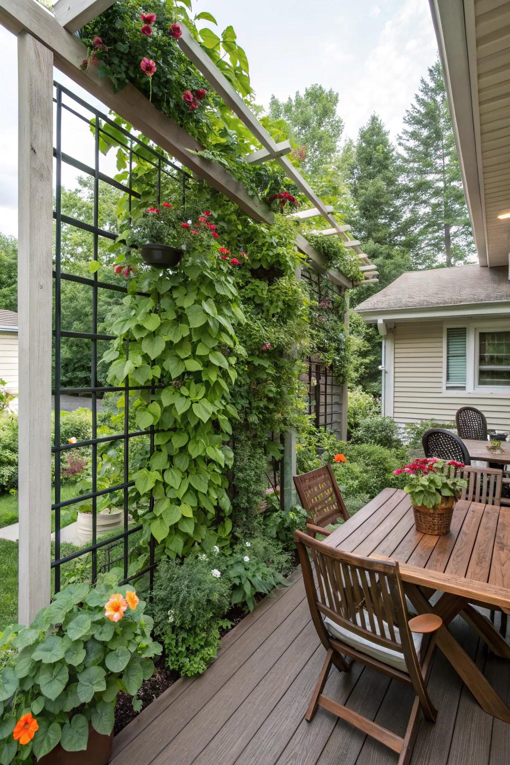 A lively vertical garden enhances greenery without taking up space.