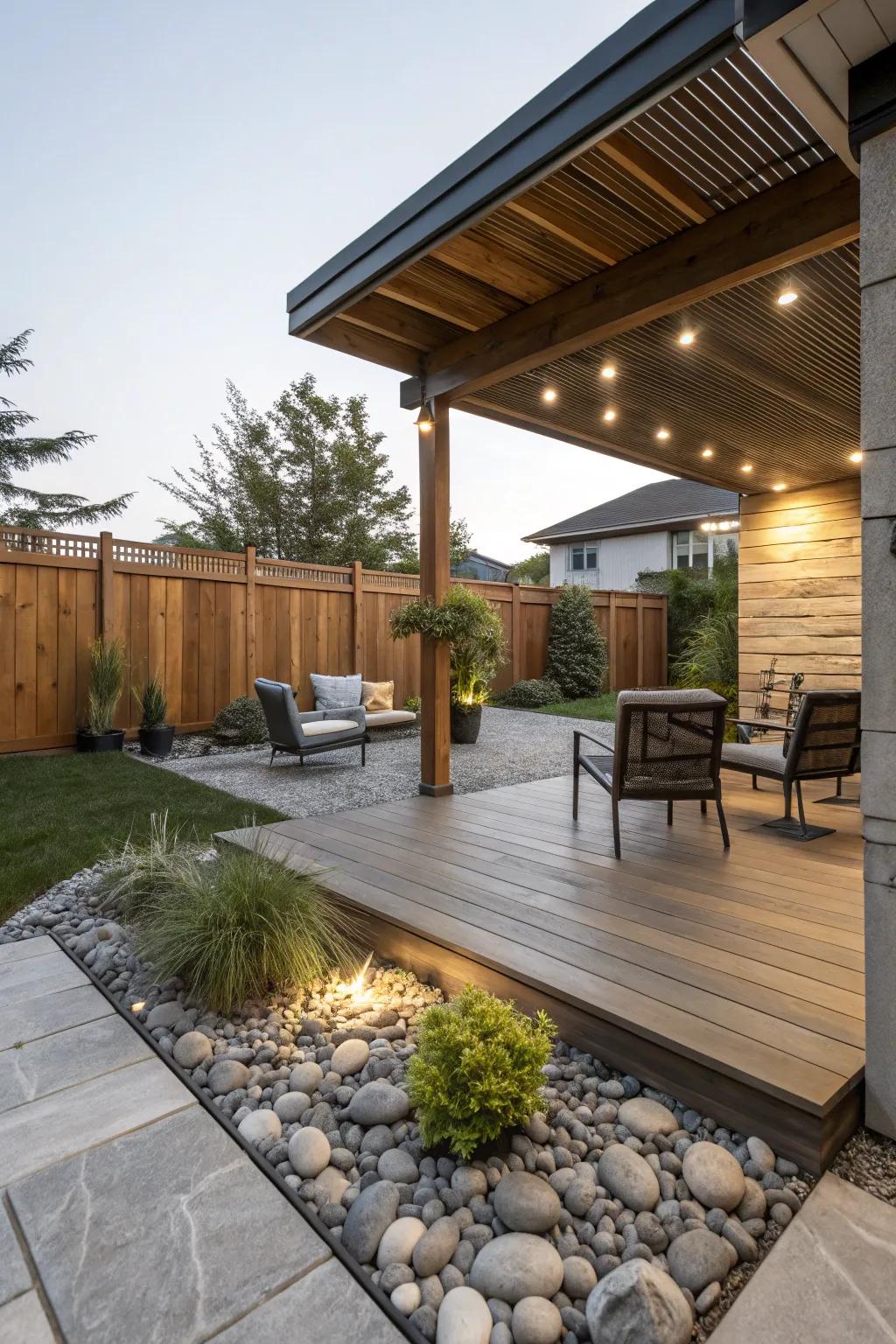 Mixing materials appends dimension and allure to your patio.