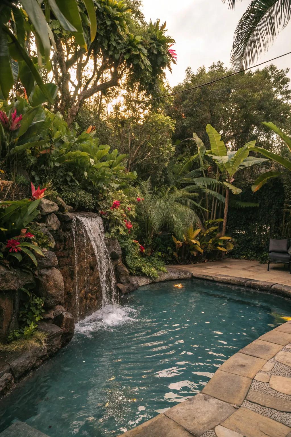 Integrating greenery around your waterfall creates a natural oasis.