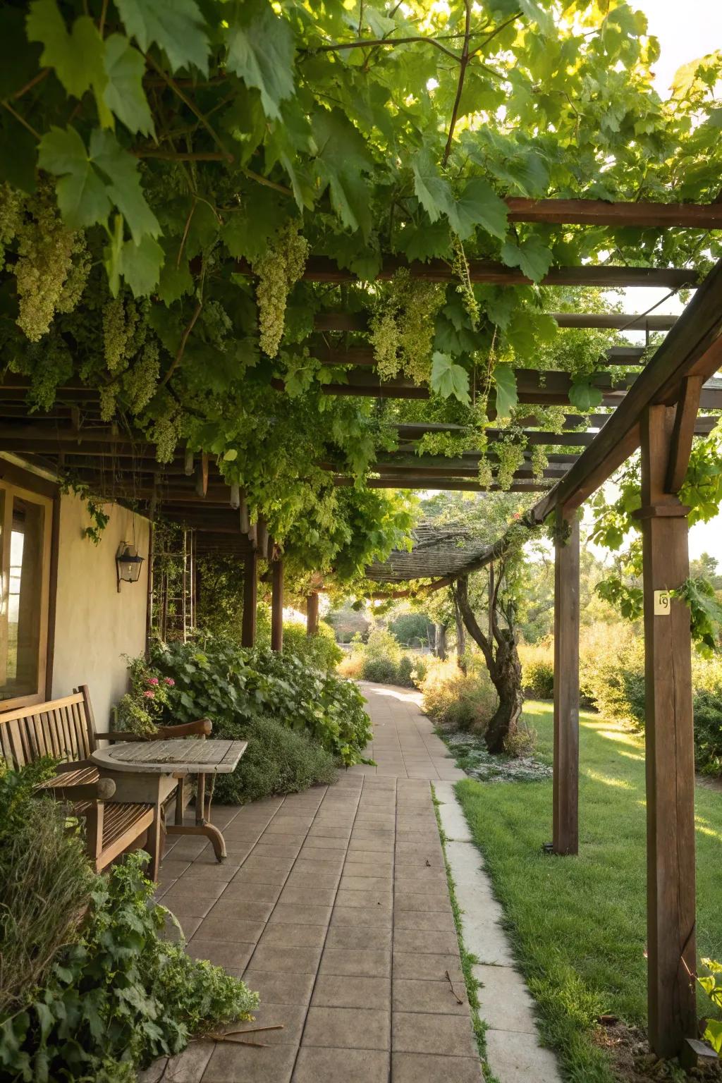 A dreamy outdoor space with hanging vines on a pergola.