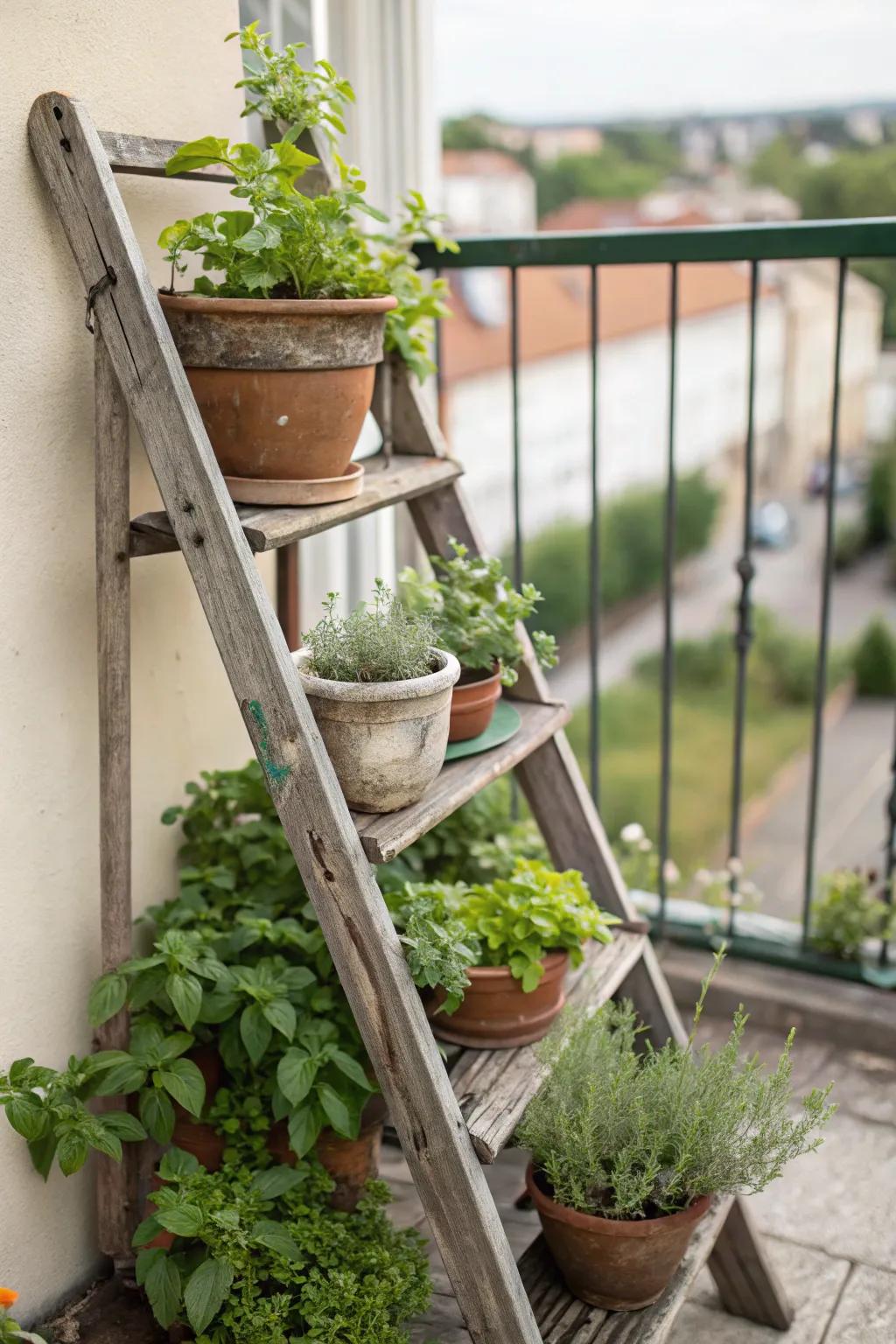 A revamped step ladder adds dimension and character to your herb garden.