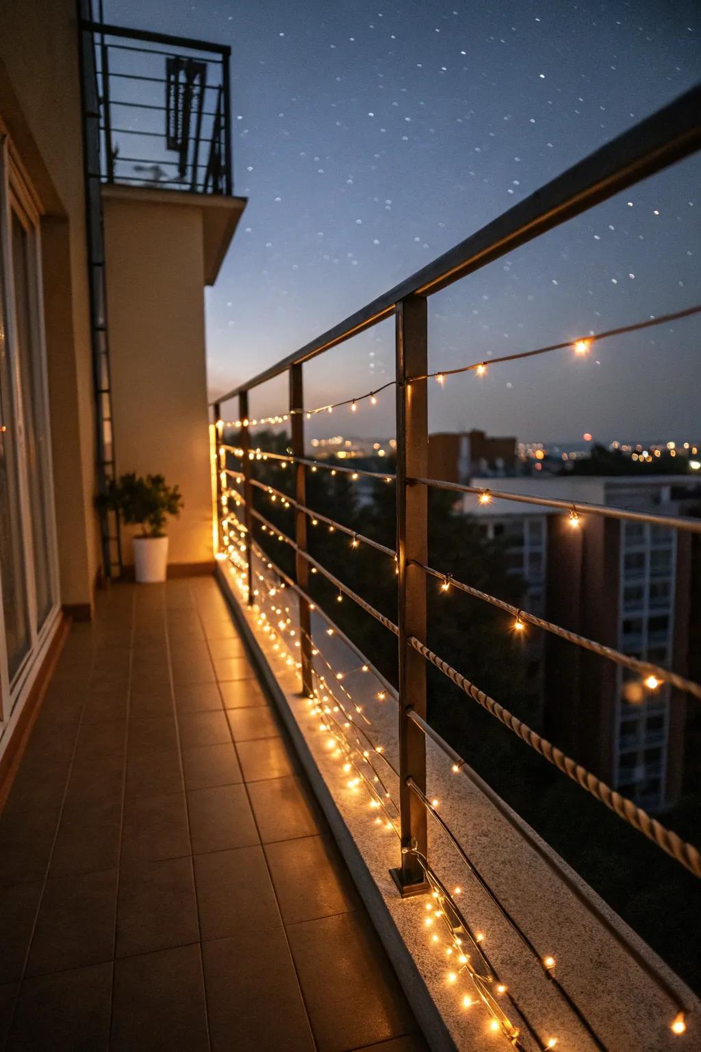 Braided lights add subtle elegance and highlight balcony outlines beautifully.