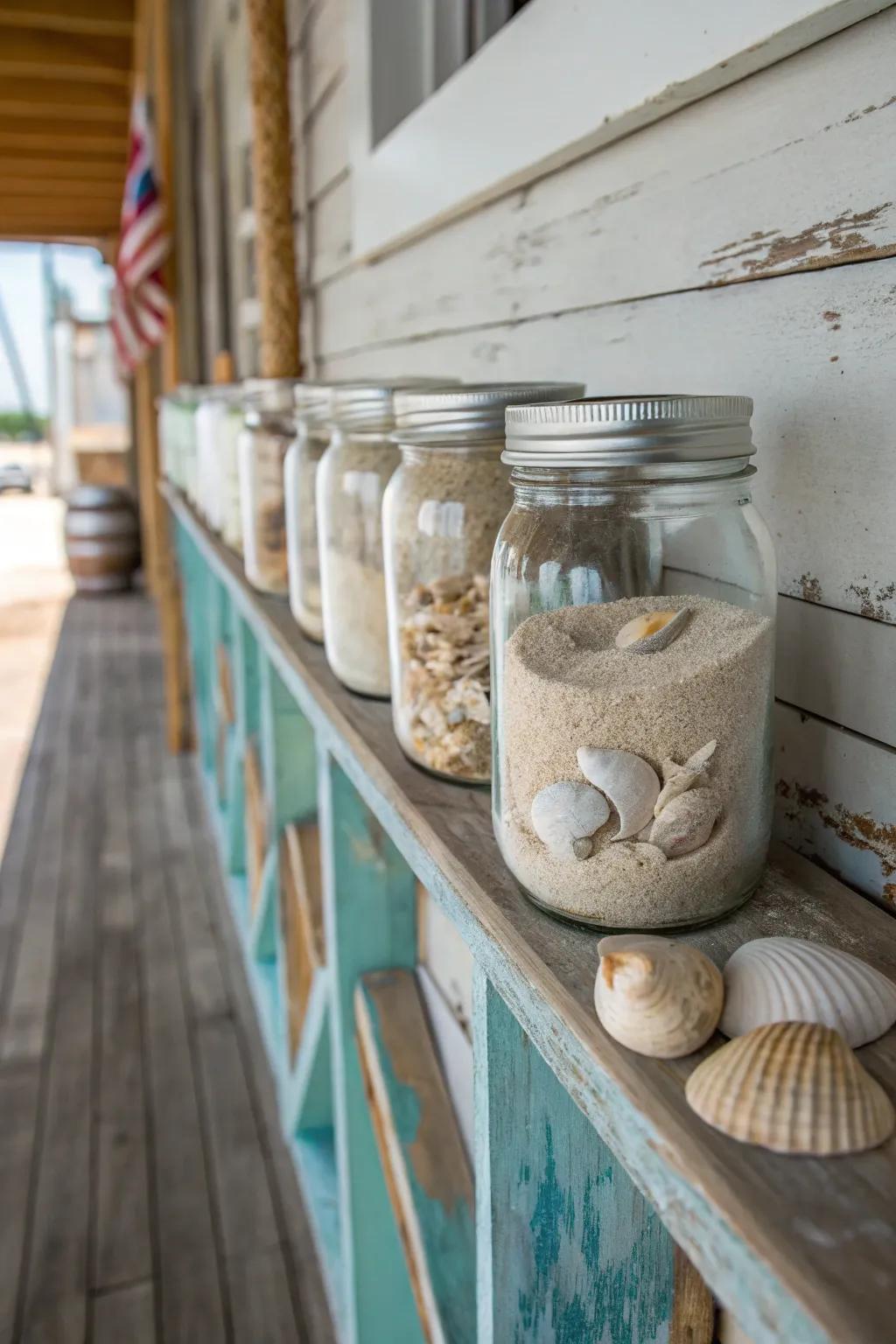 Littoral-inspired decor employing canning jars transposes a coastal ambiance indoors.