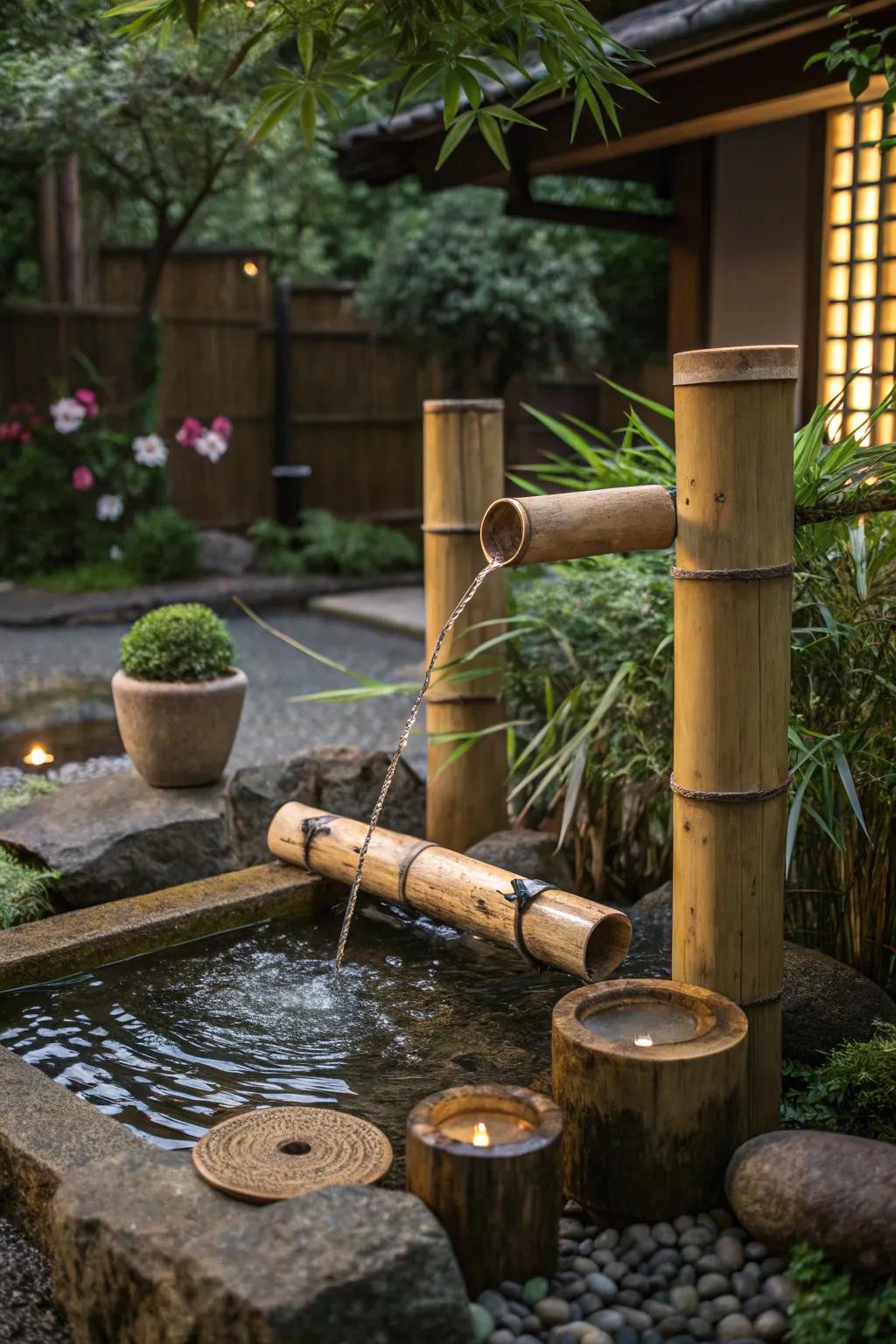 Bamboo adding to the tranquility of a garden’s water feature.