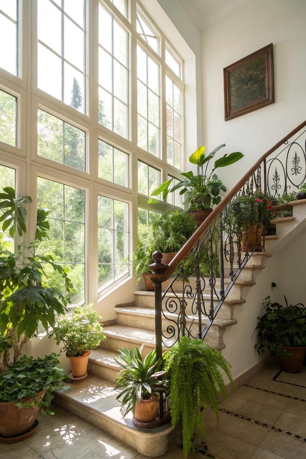 Alive and fresh through plants accenting the staircase rail.