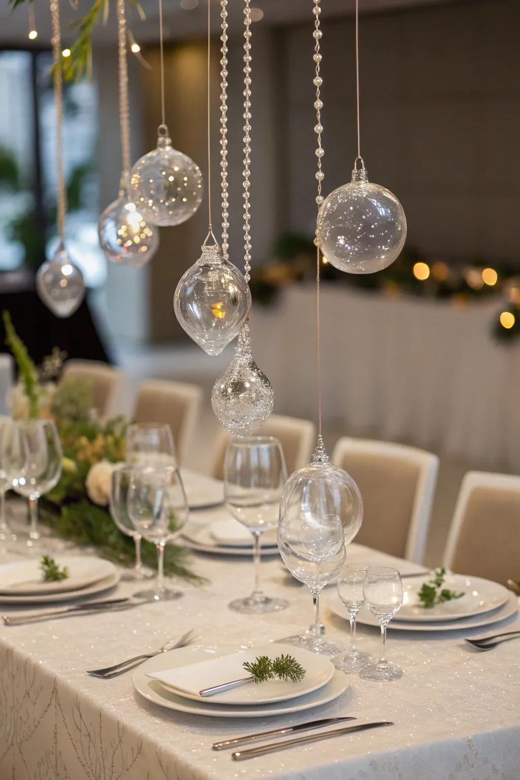 Glass ornaments contributing a modern element to the banquet setting.