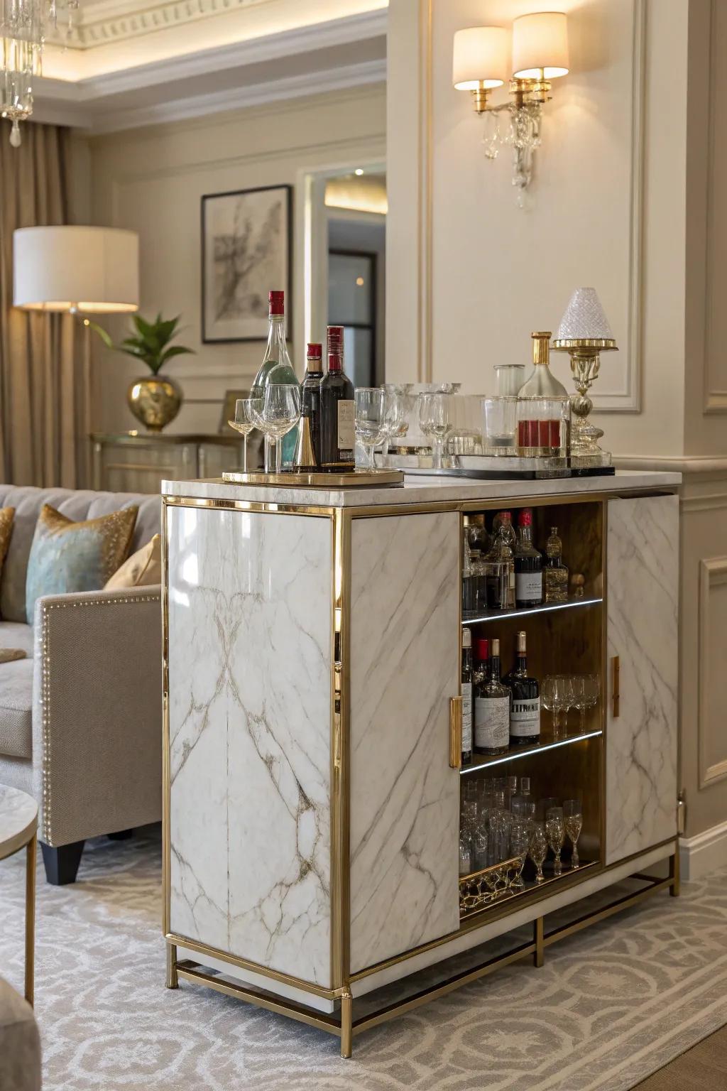 Luxurious refinement achieved with marble and metallic accents.