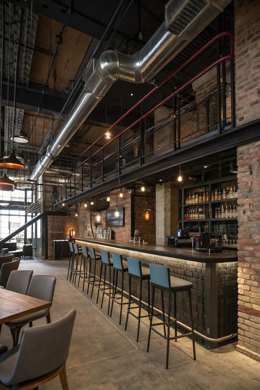 An industrial pipe foot rail lends a raw, edgy vibe.