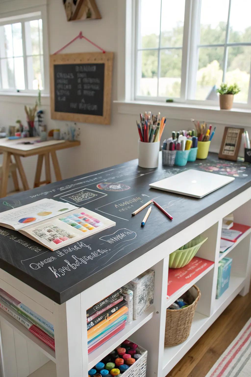 Personalized bar table featuring a chalkboard surface for creative expression.