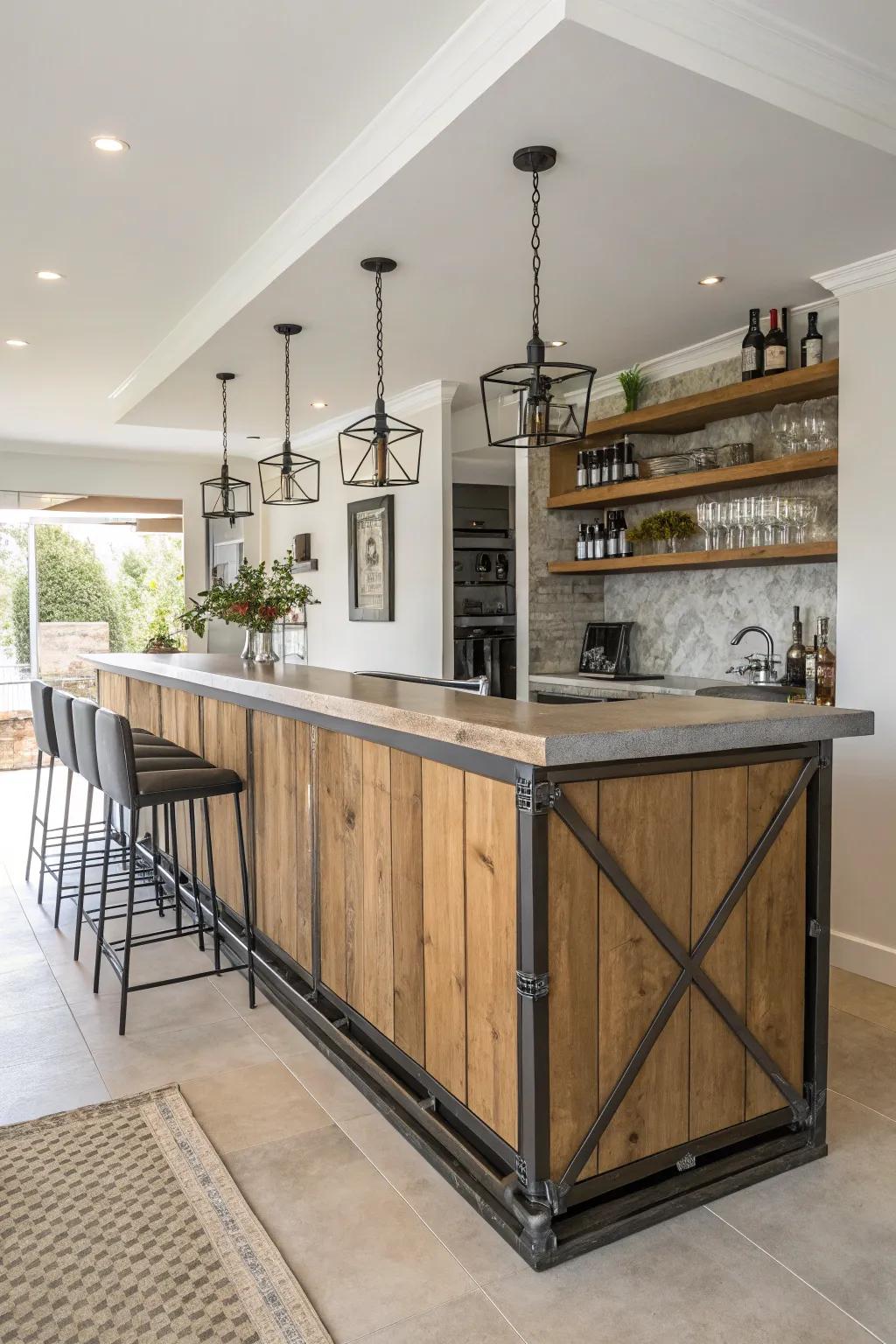 Combined materials yield a distinctive bar surface.