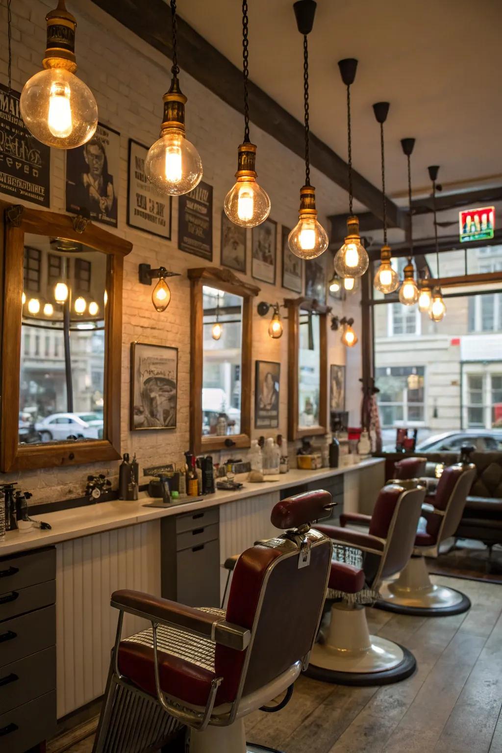 A barbershop is illuminated by vintage bulbs that cast a warm and inviting glow.