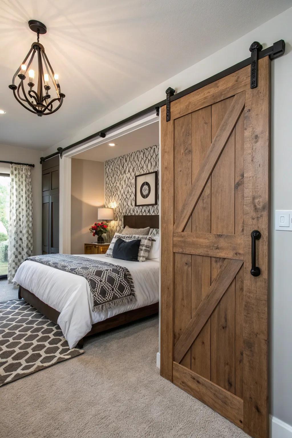 Bold fixtures contribute visual appeal to this fashionable barn door.
