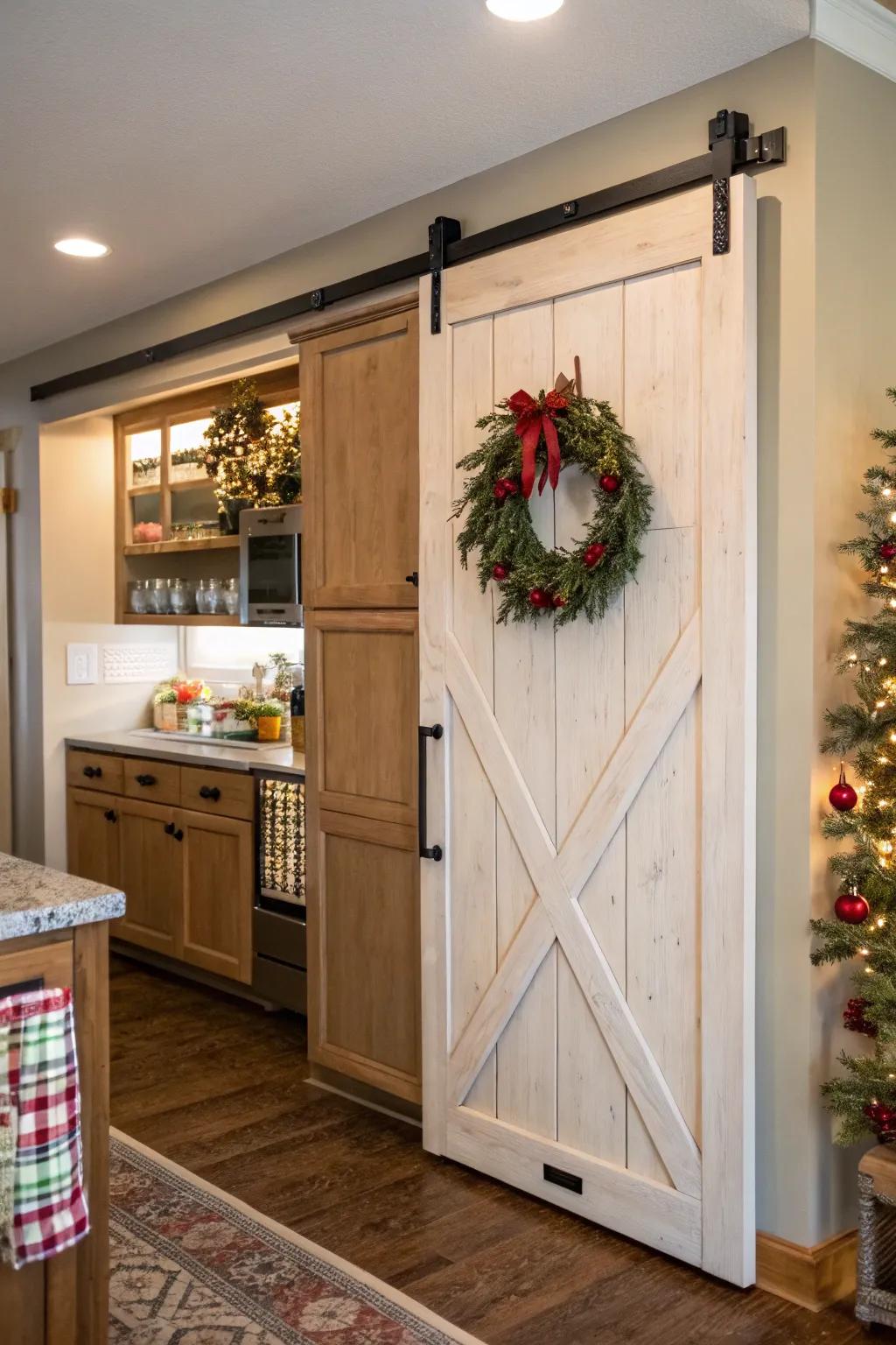 A kitchen featuring a sliding barn door pantry decorated with a seasonal garland.