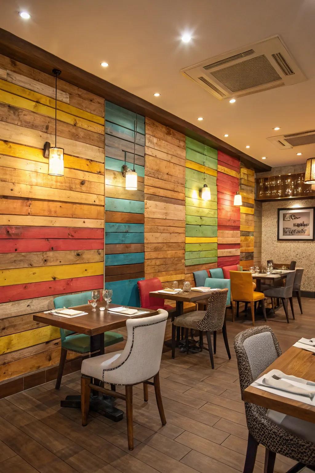 Incorporate color and character through a multihued pallet timber wall.