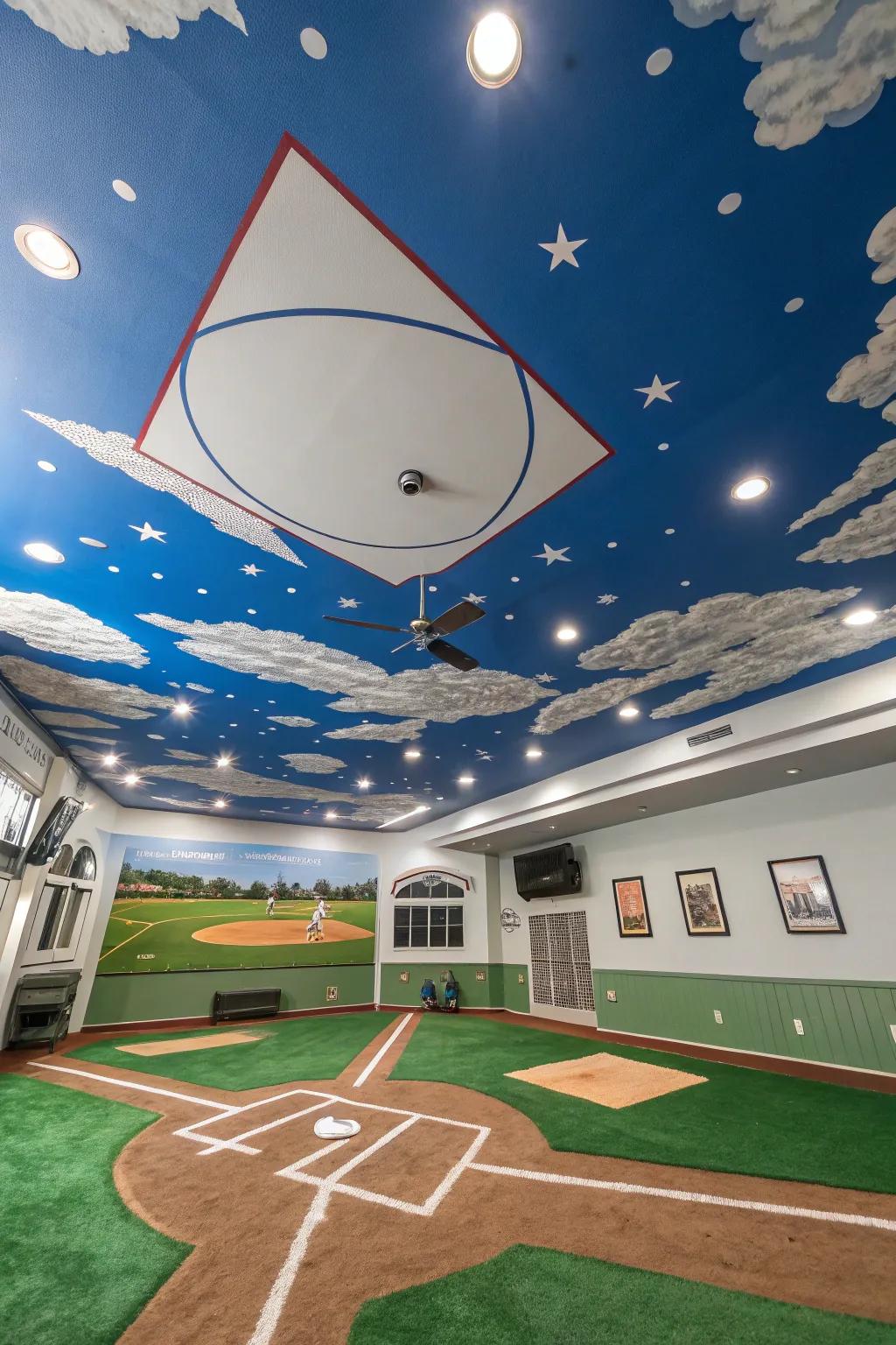 A baseball field ceiling gives an engaging and absorbing feel.
