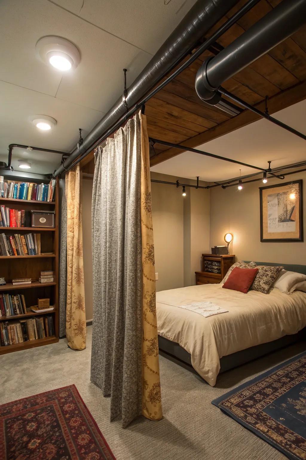 Clever use of curtains hides unappealing features in this basement bedroom.