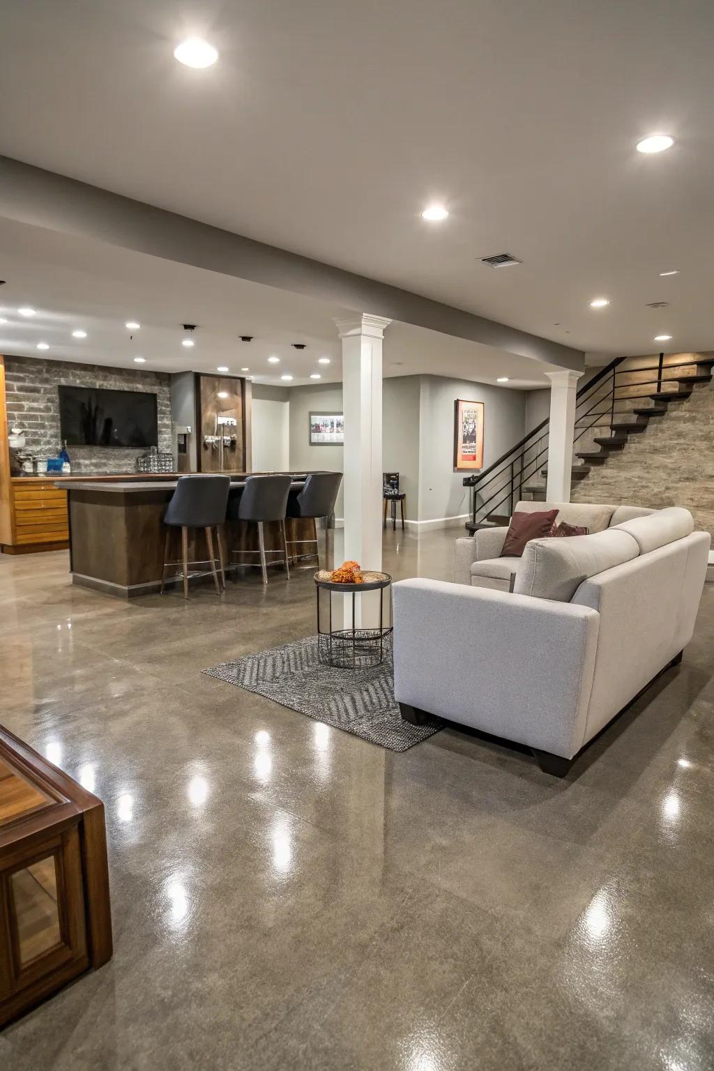 Concrete floors gain a glossy finish and improved durability from epoxy coatings.