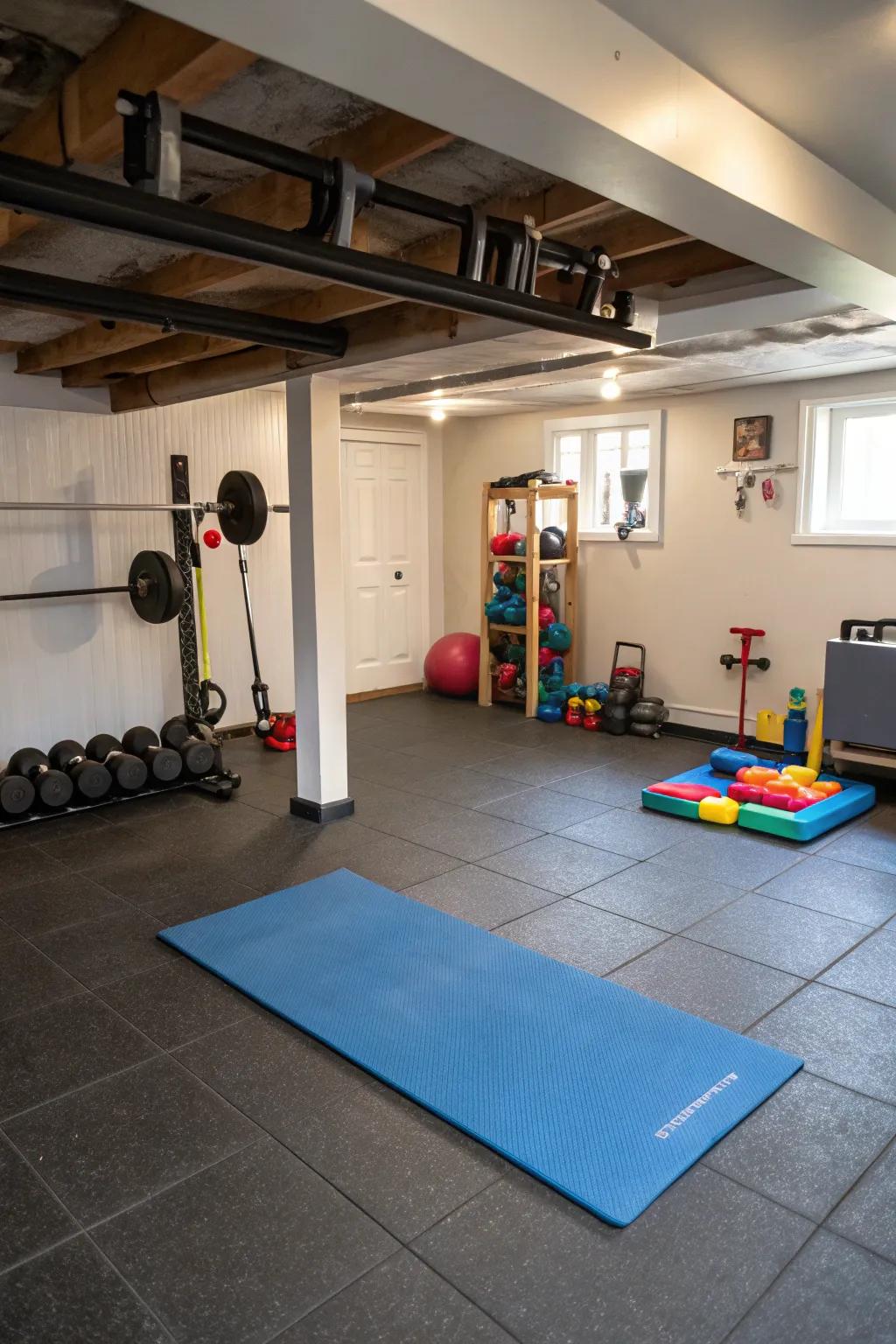 Flexible flooring provides sturdiness and comfort for active areas.