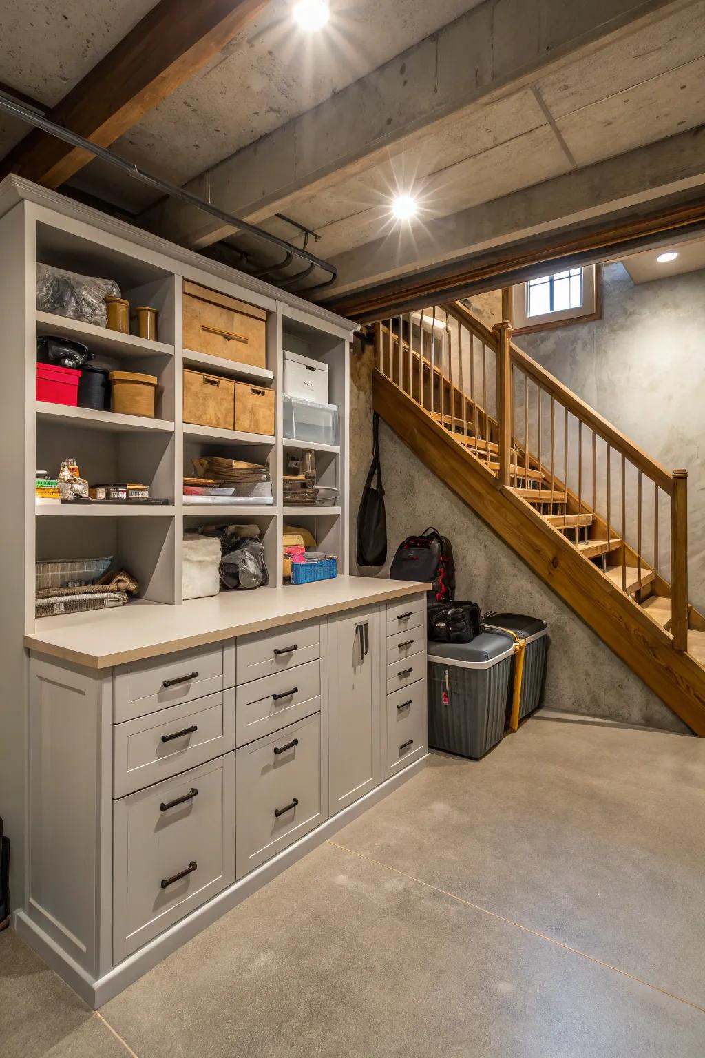Under-stair storage leverages otherwise wasted space.
