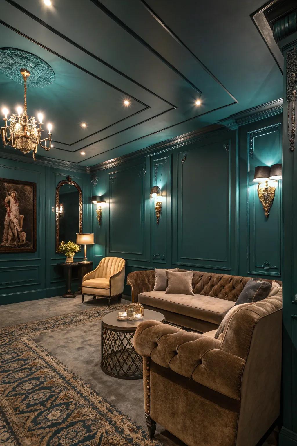 Deep cyan walls add a sophisticated touch to this basement.