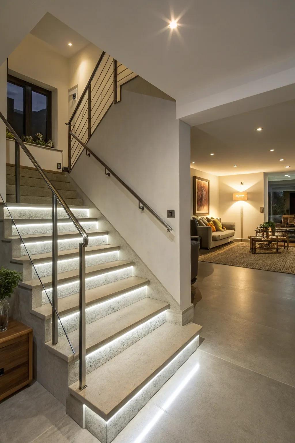 Illumination within railings improves security and ambiance.