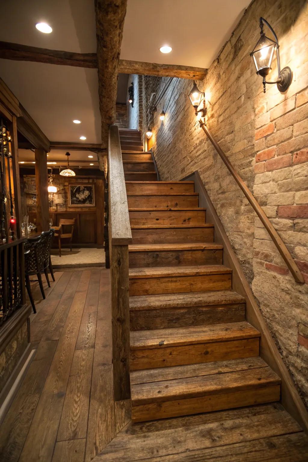 Rustic elements bring warmth and charm to your basement stairs.
