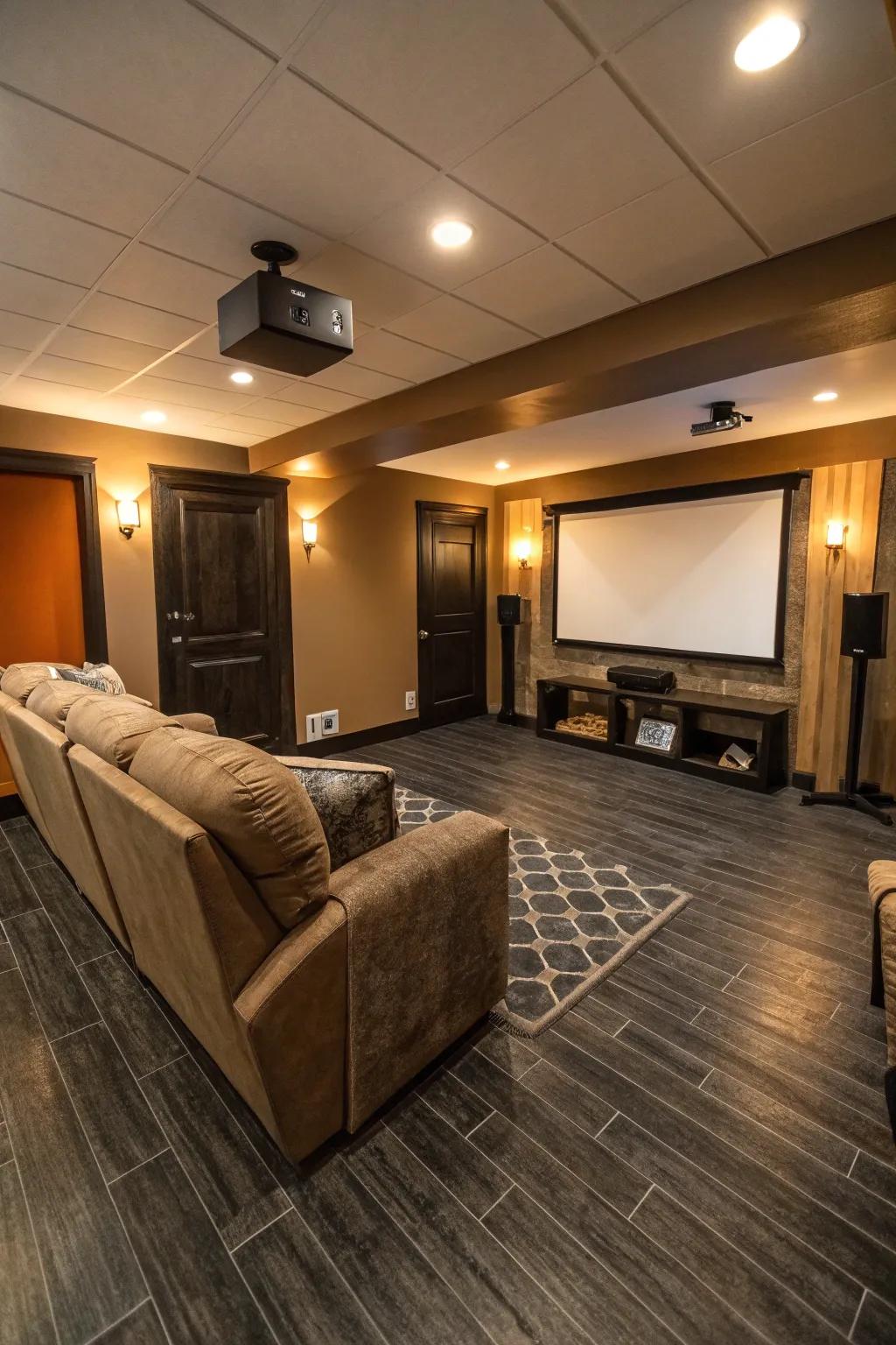 Dark-hued vinyl flooring establishes an intimate ambiance.
