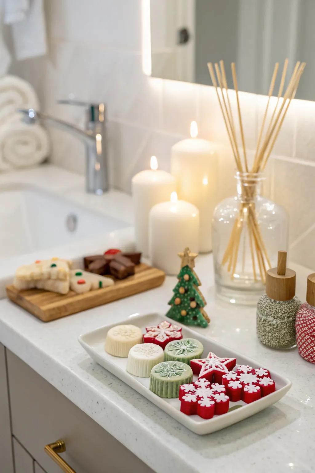 Holiday scents like peppermint and cinnamon contribute a celebratory aroma to this bathroom.