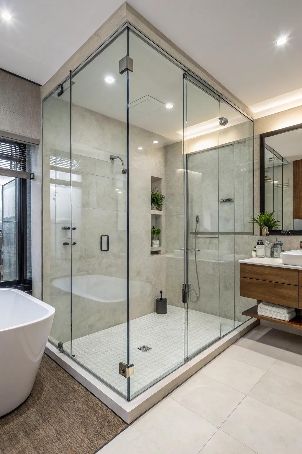 A modern bathroom with a frameless glass shower shelter, presenting transparency and elegance.