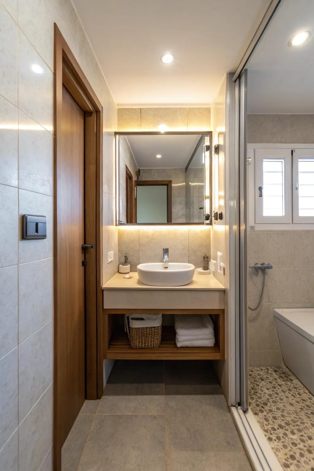 Mirror dividers amplify light and foster a sense of spaciousness.