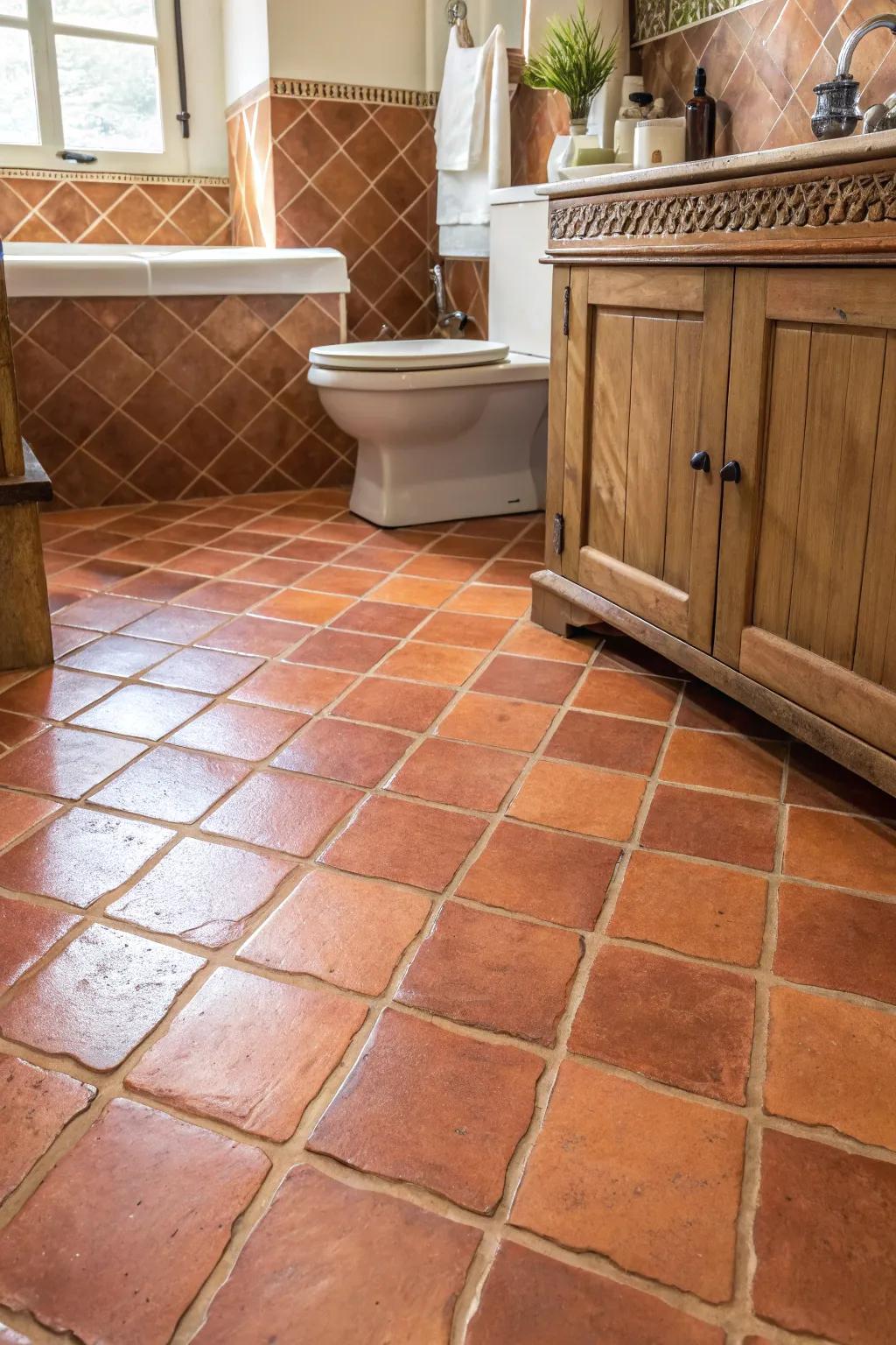 Terracotta tiles contribute warmth and appeal to your bathroom space.