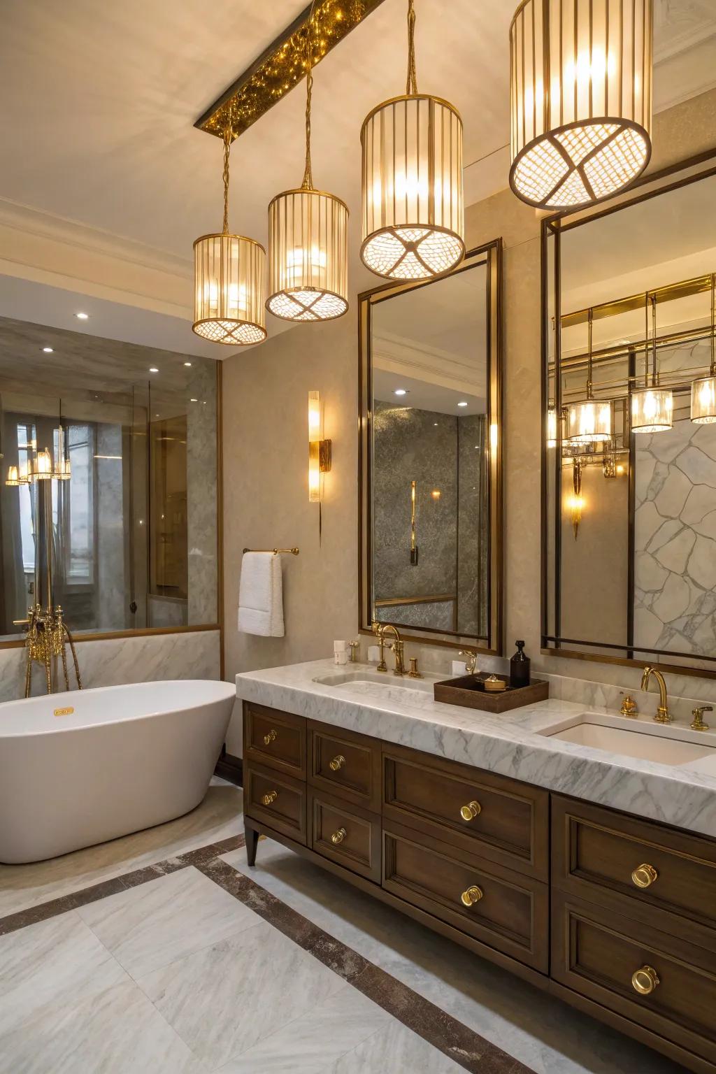 Metal embellishments append warmth and opulence to lavatory illumination.
