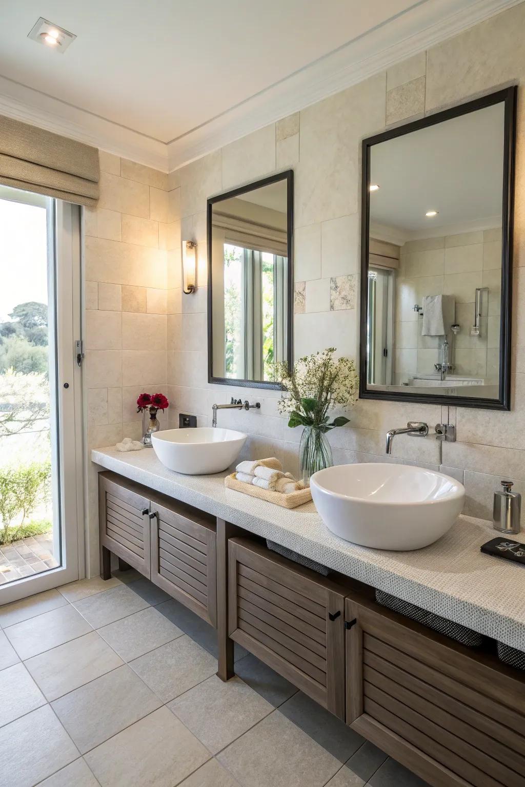 A bathroom showcasing paired basins for convenience and flair.