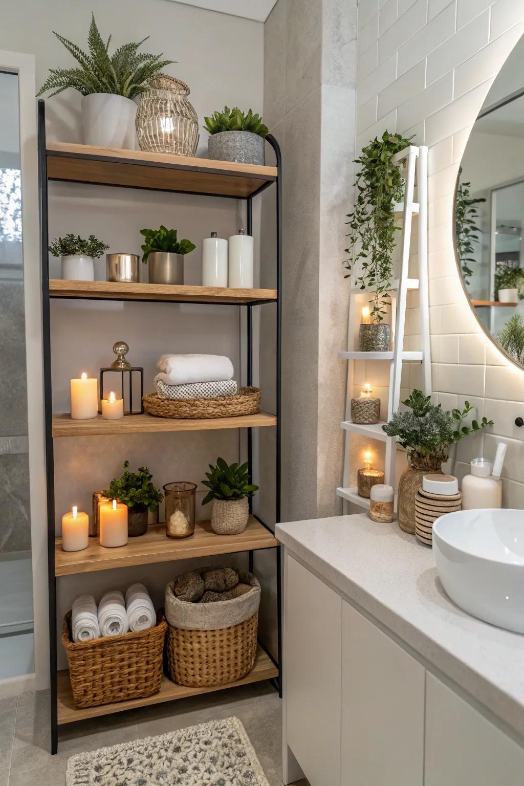 Multilevel shelving introduces visual appeal and maximizes storage.