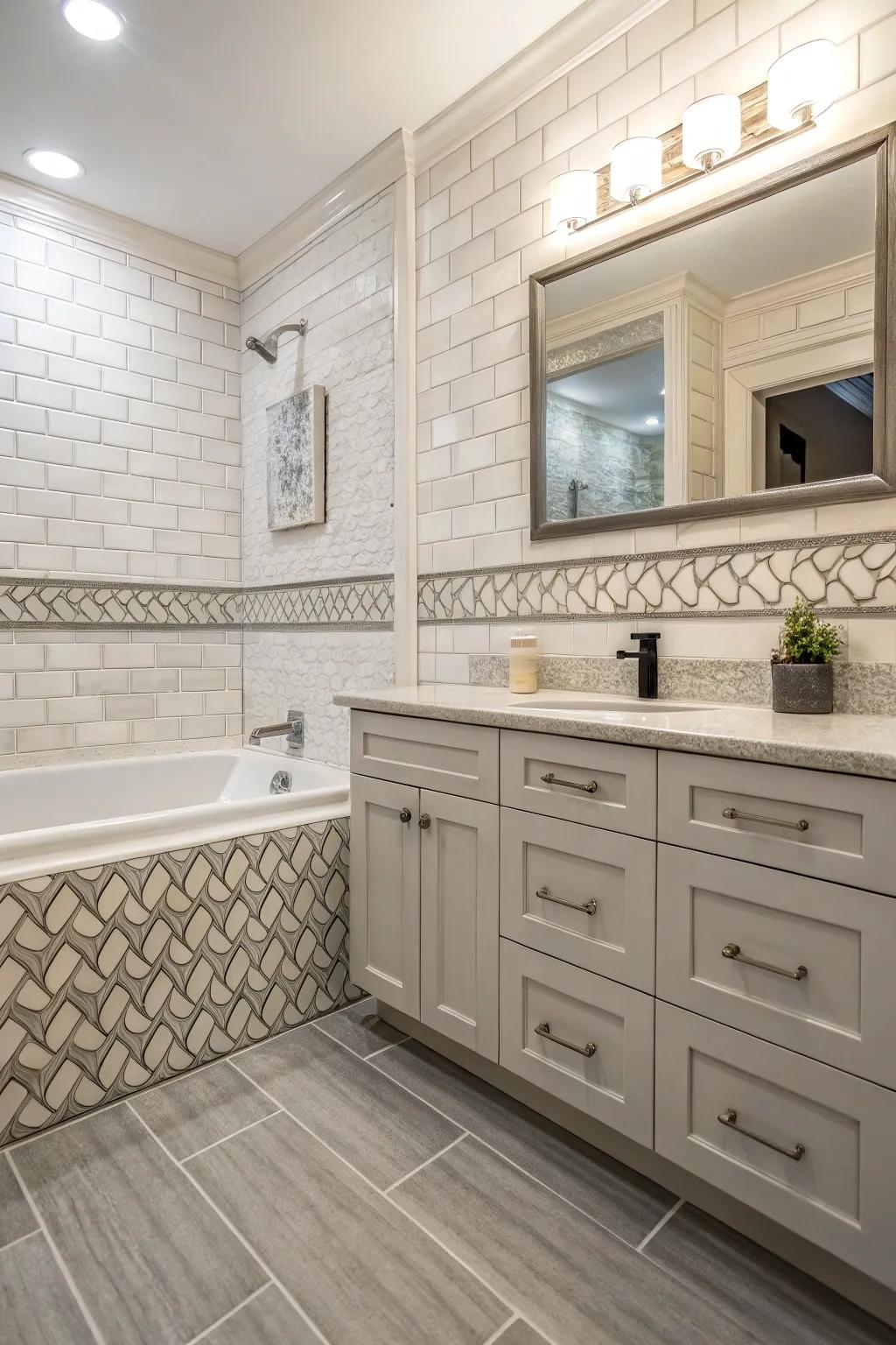 Layered trims introduce depth and dimension to bathroom design.