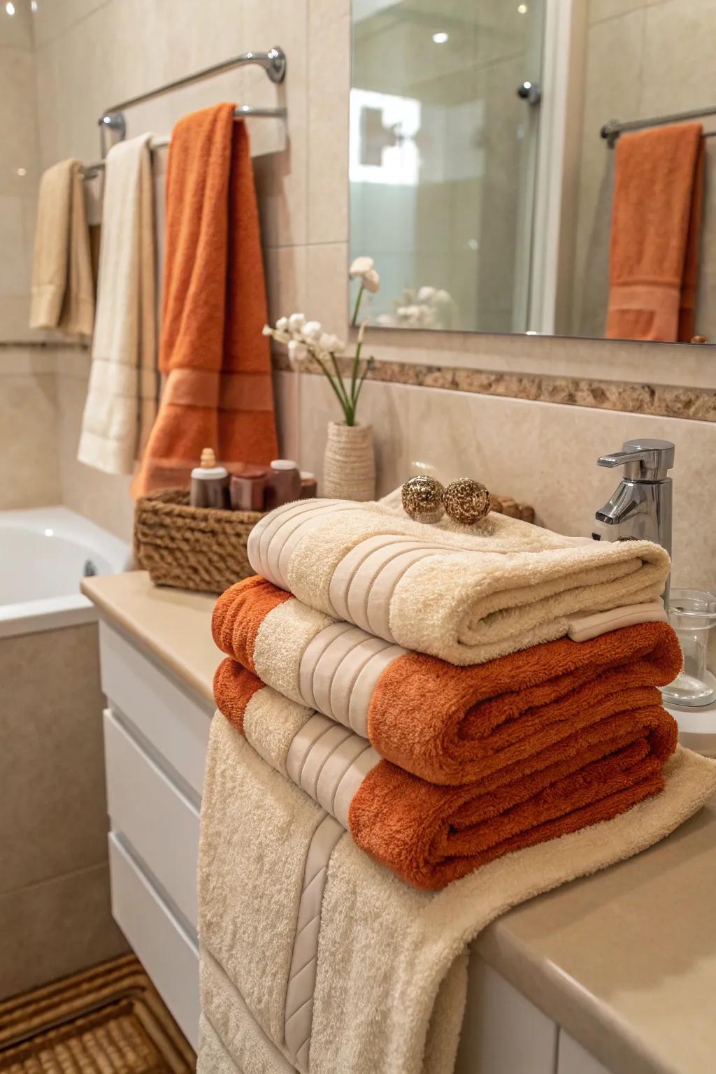 Tangerine and sand towels furnish warmth and comfort.