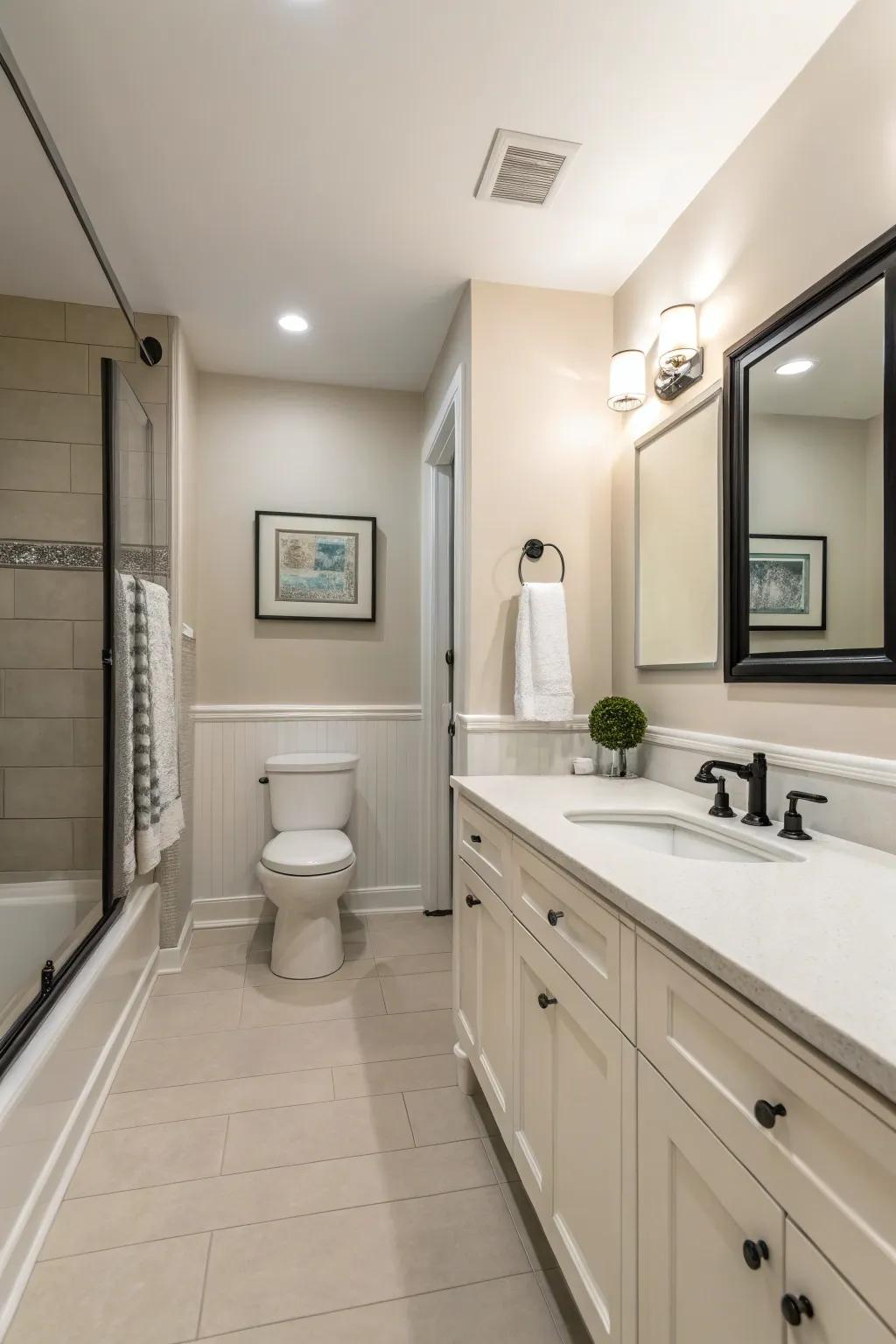 Sharp, minimalist edging enhances a fresh, modern bathroom.