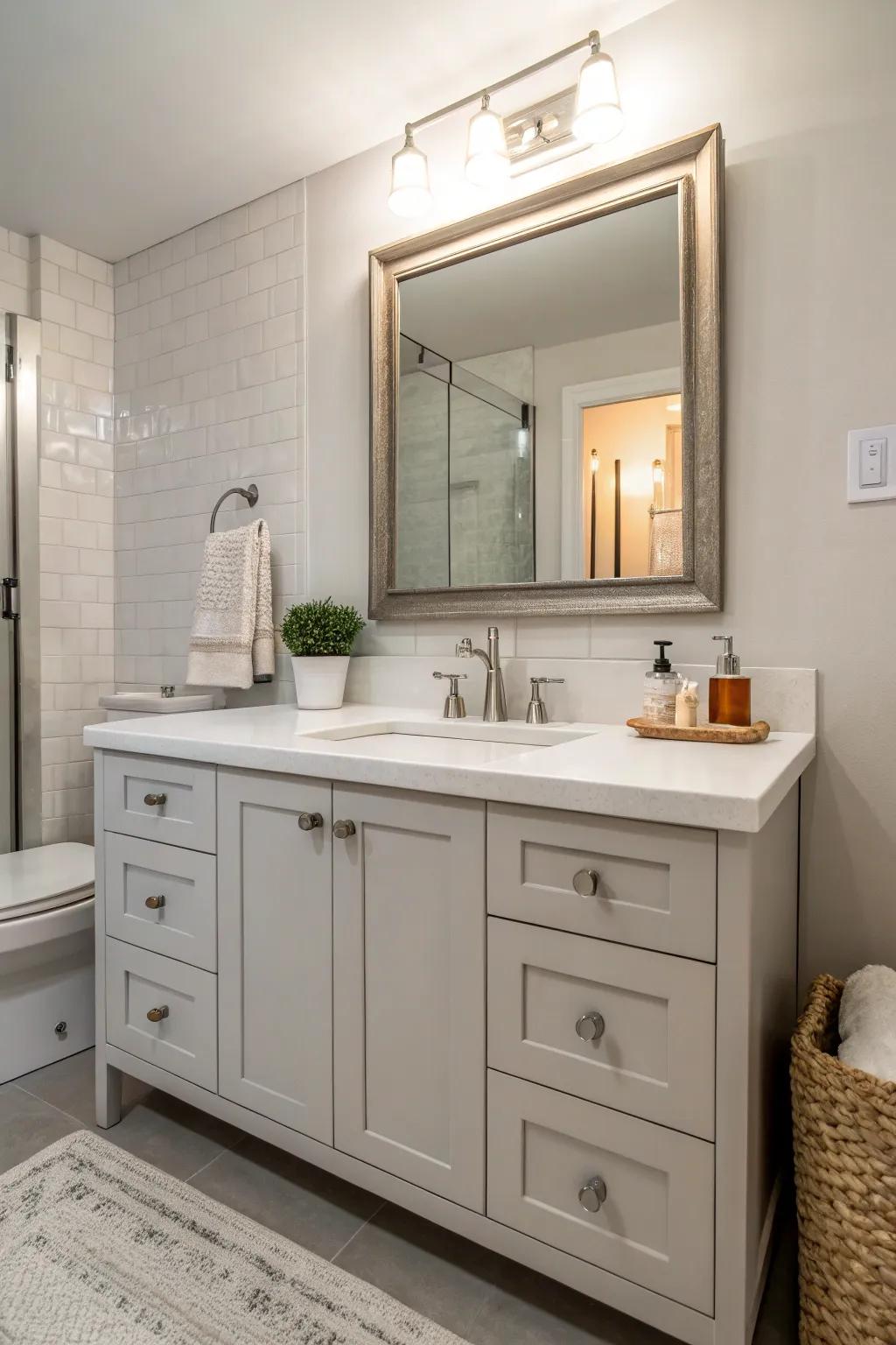 Neutral tones create a serene and timeless bathroom atmosphere.