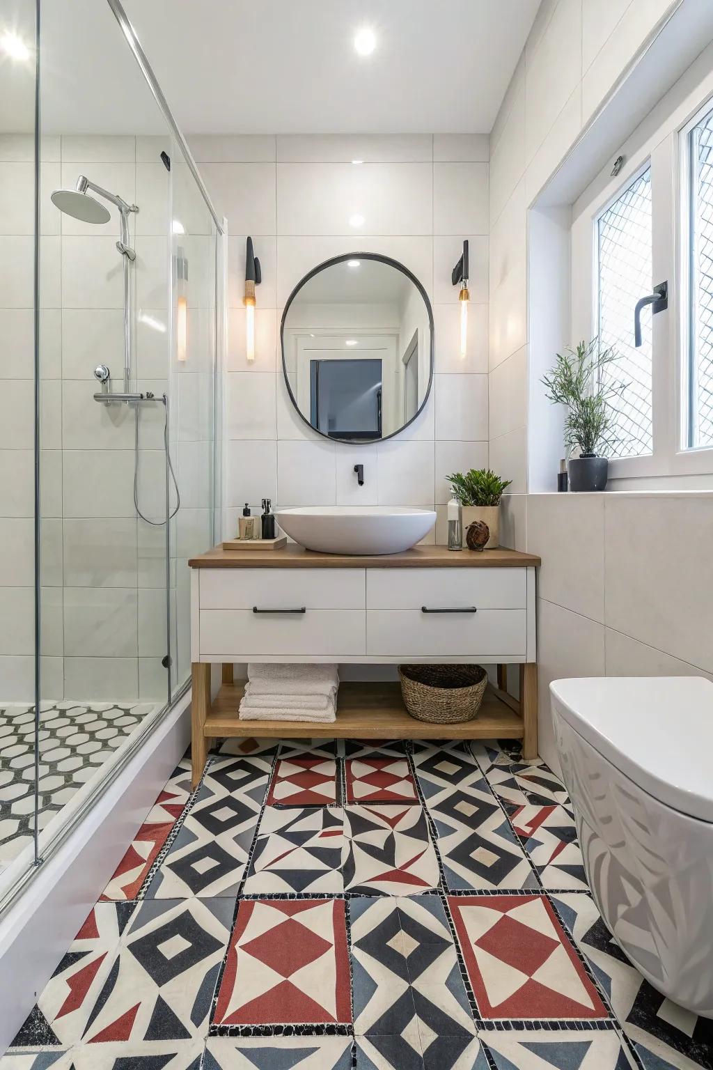 Geometric <strong><em>plastic-based floors</em></strong> brings a vibrant, creative panache to this restroom.” loading=”lazy” class=”pimg”>
	</picture><figcaption>Geometric <strong><em>plastic-based floors</em></strong> brings a vibrant, creative panache to this restroom.</figcaption></figure>
<p>Make a declaration with strong <strong><em>geometric plastic patterns</em></strong>. These can transform a regular restroom right into an extraordinary style area.</p>
<h3>Check these products out:</h3>
<ul class=