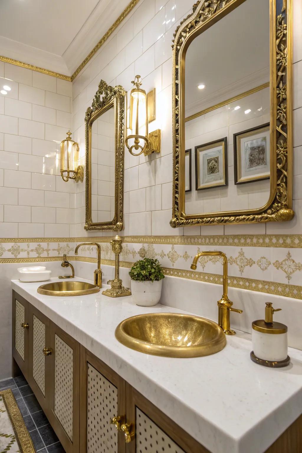 Gold and brass accents bring sophistication to bathroom walls.