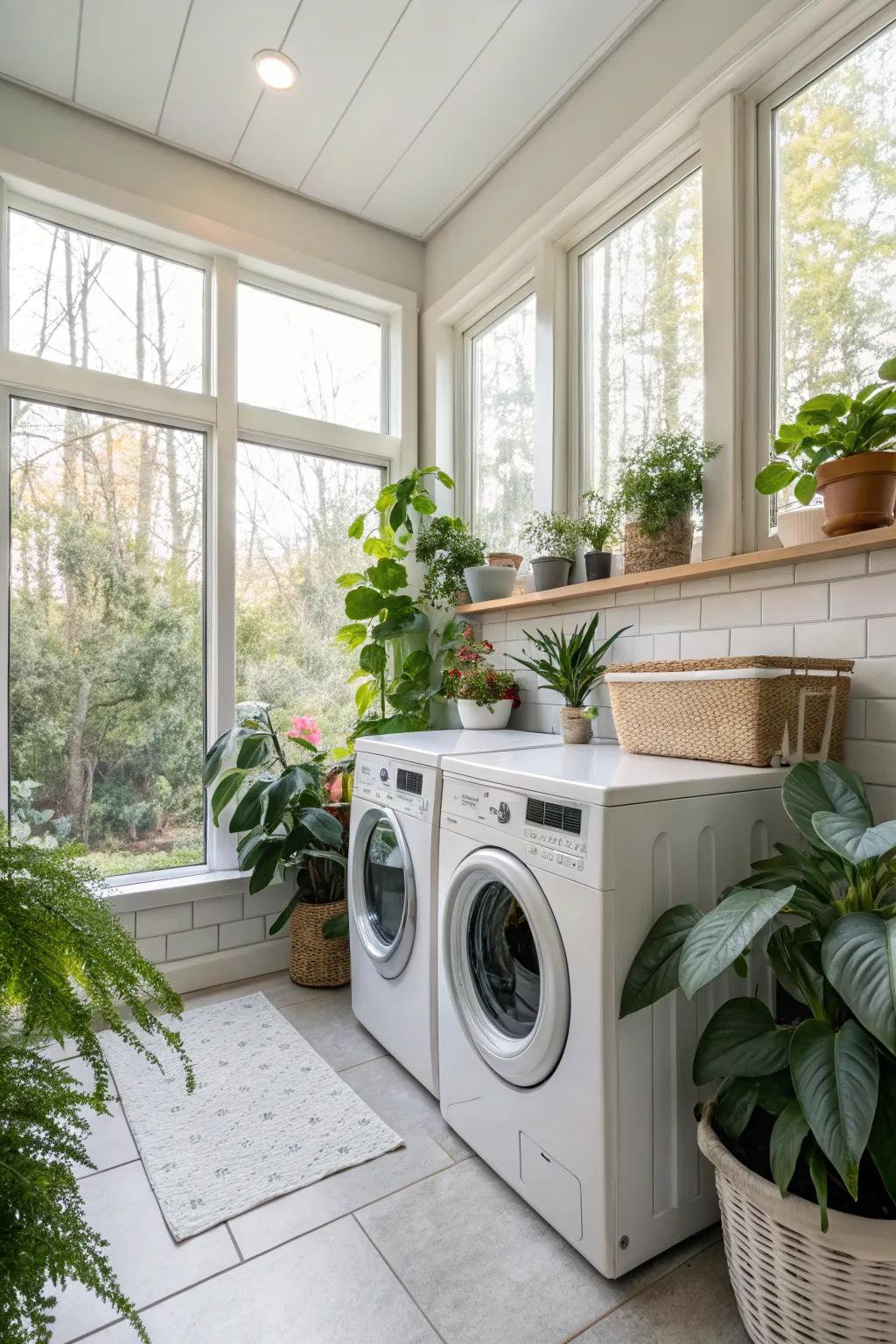 Greenery lends a natural element and tranquility to the washing space.