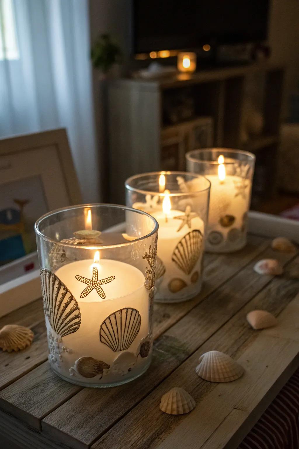 Seashell illumination holders cultivate a magical coastal atmosphere.
