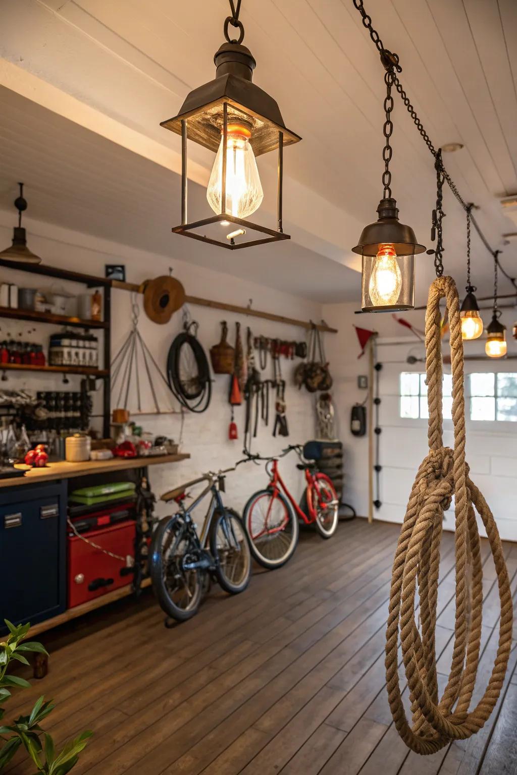Nautical lights incorporate charm and warmth to this garage.
