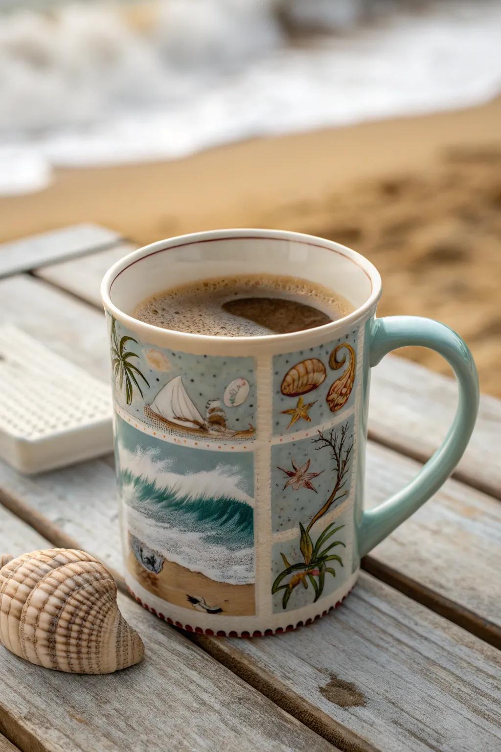 Start your day with a beachy vibe using a seaside-themed mug.