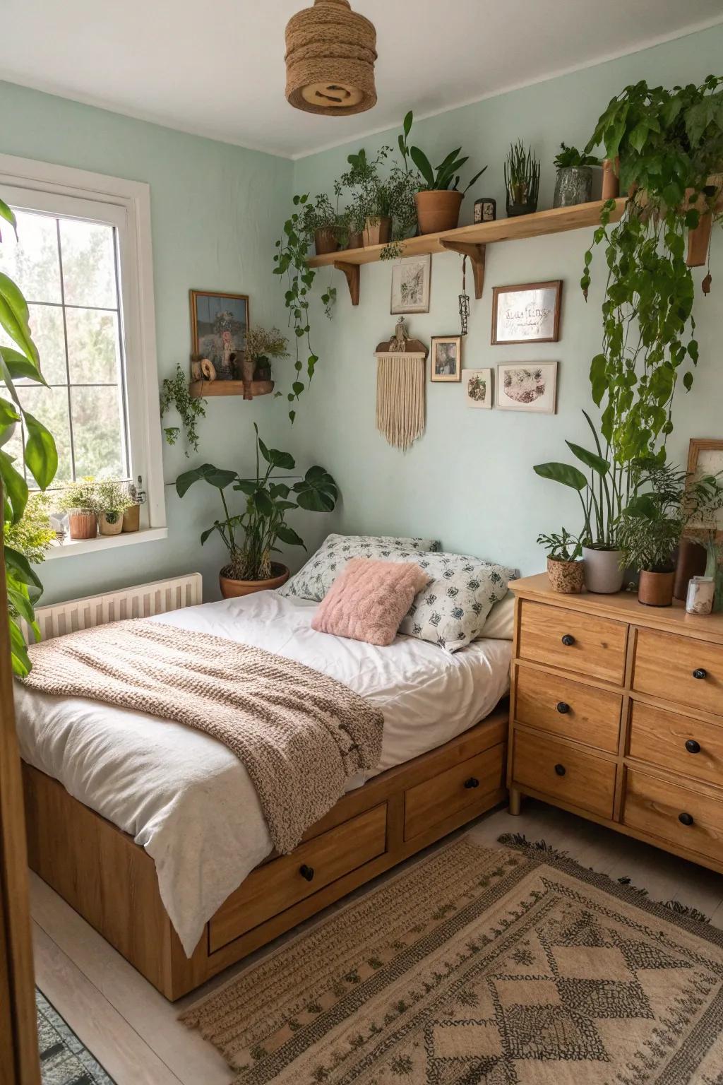 Natural elements offer a refreshing touch to a corner bed.