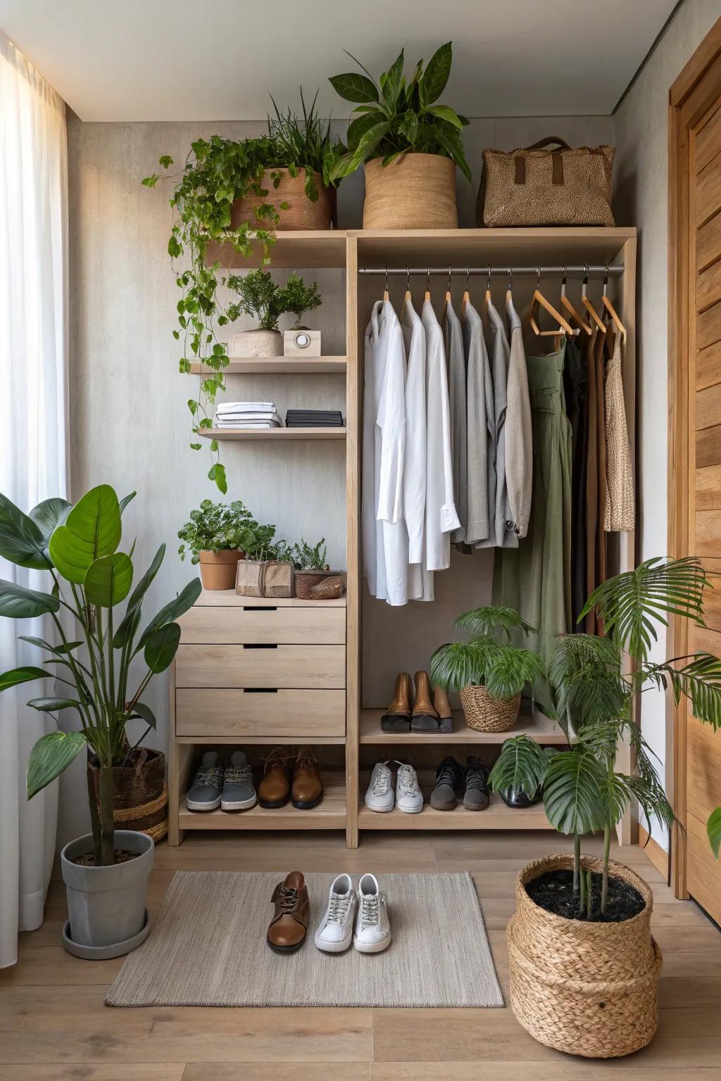 Raw materials introduce warmth and a tranquil ambiance to your closet.