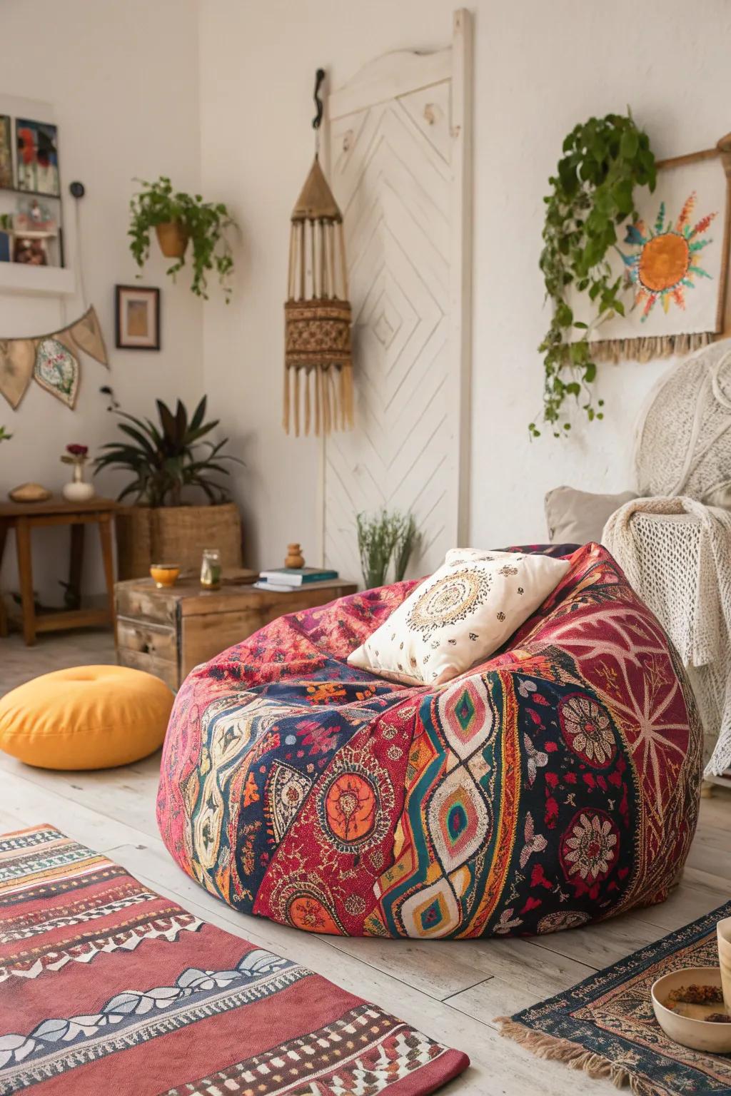 A boho chic bean bag in a bedroom, adding a touch of casual comfort.