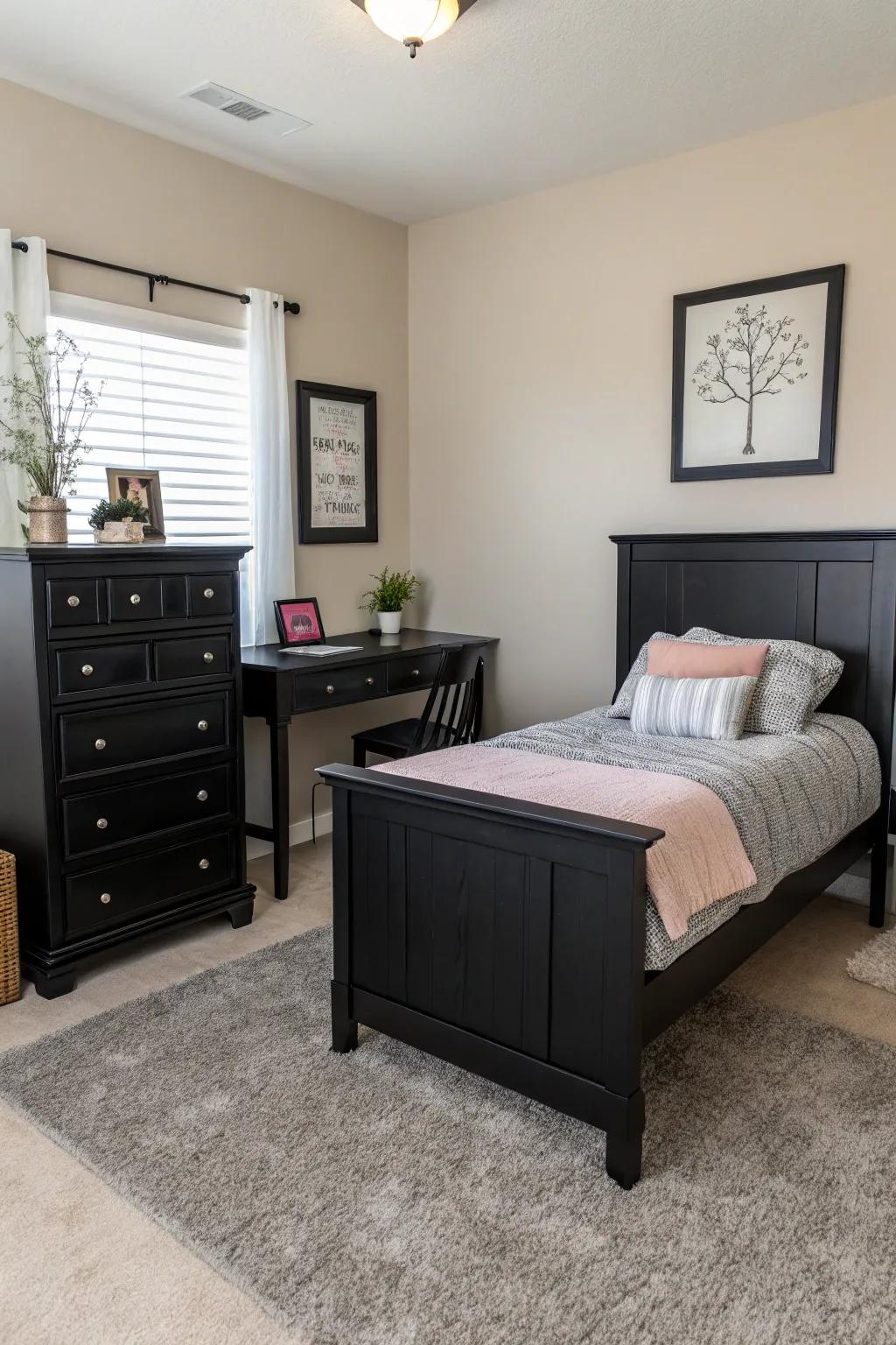 Spartan design highlights the elegance of dark furniture in an uncluttered space.