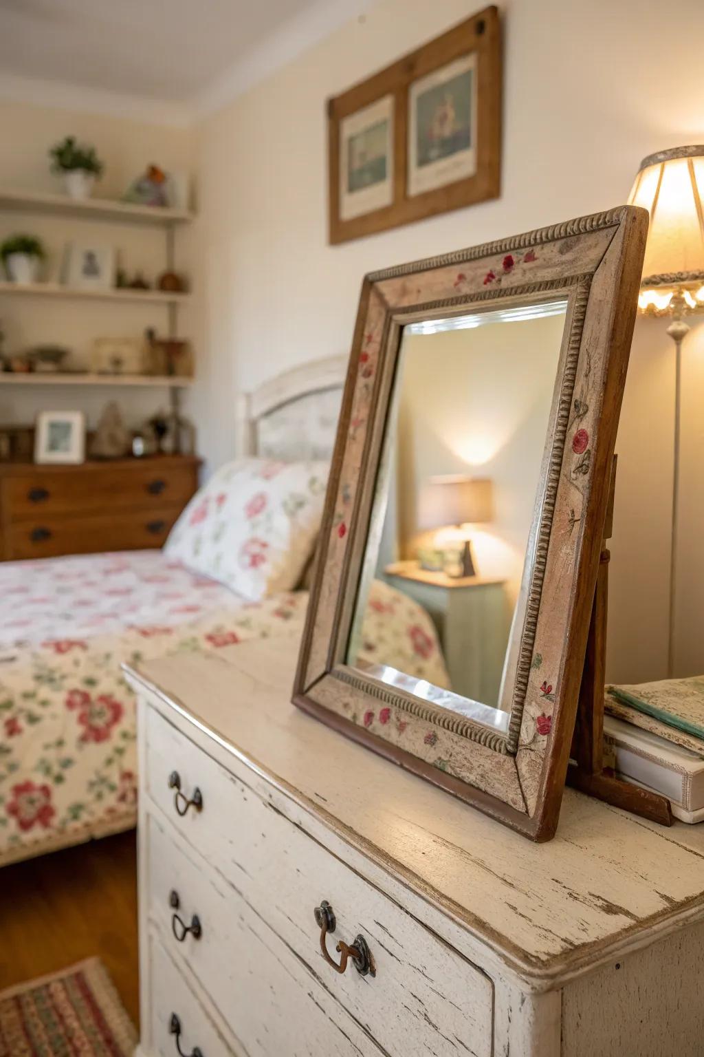 A vintage mirror offers a timeless charm and personality to the bedroom.