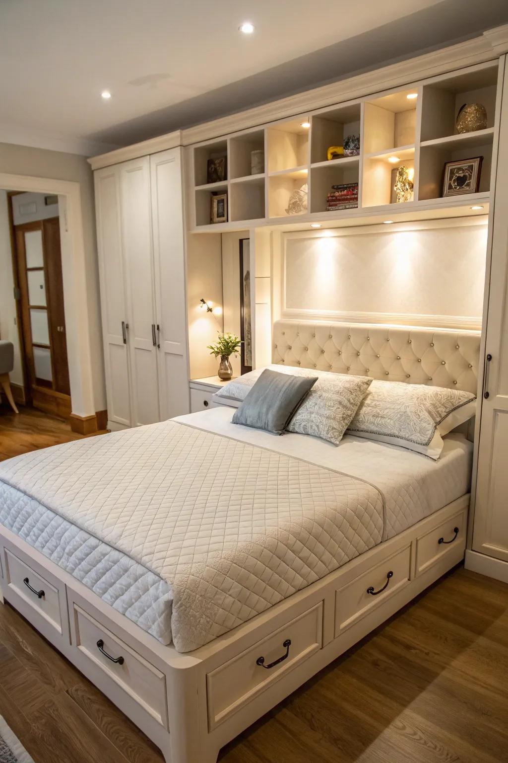 Make the most of your space with a headboard that features extra storage.